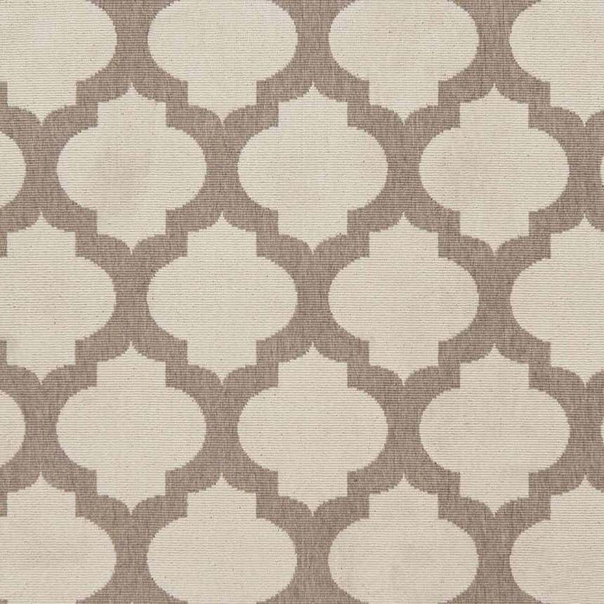 Close-up of the Winterville Area Rug showing a beige and dark red quatrefoil pattern. Machine woven olefin rug. Swatch