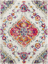 Wallsburg Magenta & Cream Area Rug close-up. Bohemian style rug with floral pattern in magenta, cream, saffron, and navy. Design-Rectangle-537