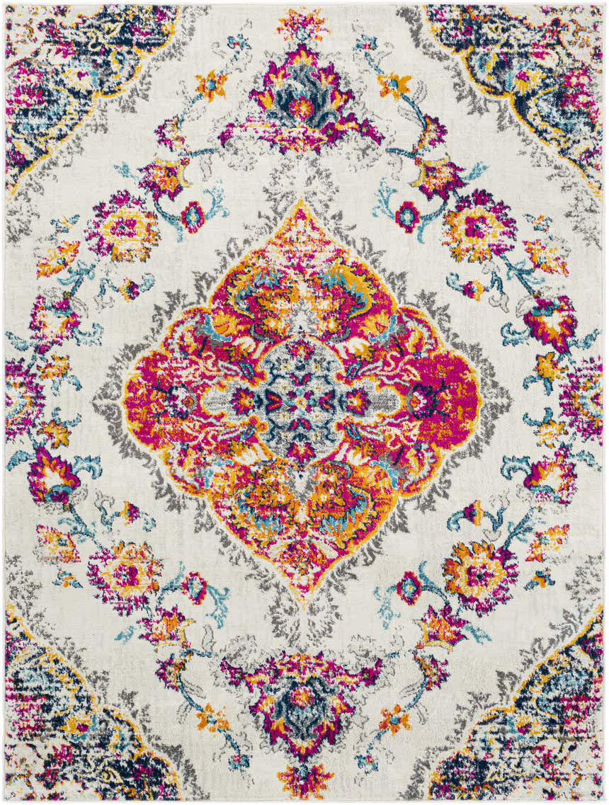 Wallsburg Magenta & Cream Area Rug close-up. Bohemian style rug with floral pattern in magenta, cream, saffron, and navy. Design-Rectangle-537