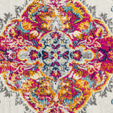Close-up of Wallsburg Magenta & Cream Area Rug. Bohemian style rug with magenta, cream, gold, and blue floral medallion pattern. Swatch