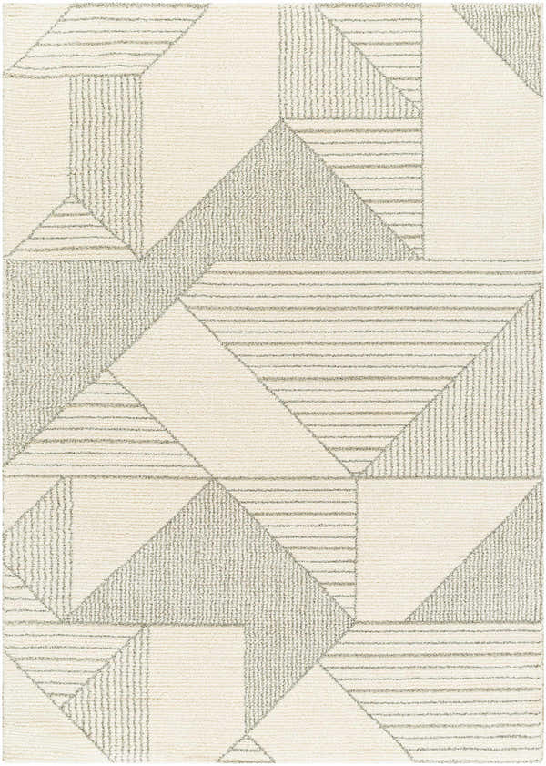 Close-up of the Wald Area Rug, a contemporary design with beige and gray geometric shapes and textured patterns. Design-Rectangle-5373
