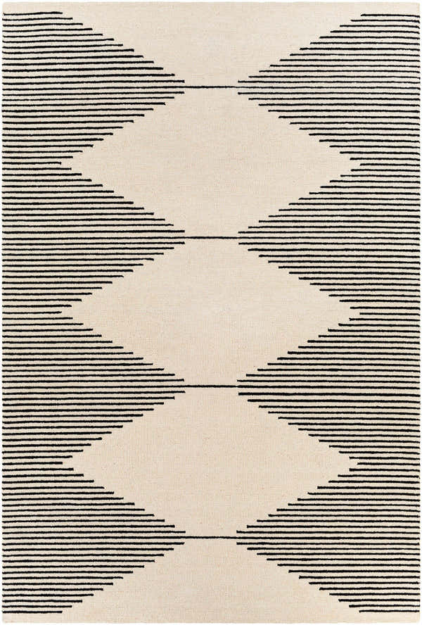 Close-up of Walkerston Hand Tufted Wool Rug. Beige rug with a bold black striped geometric pattern. Contemporary style. Design-Rectangle-69