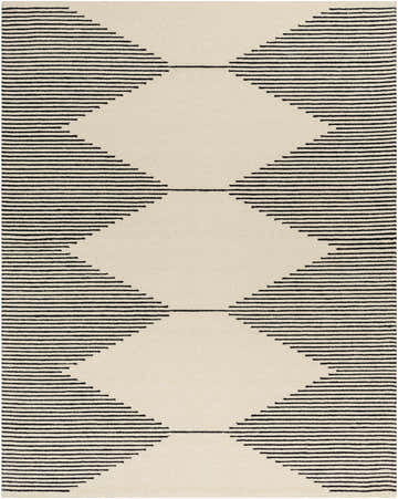 Close-up of the Walkerston Rug, a hand-tufted wool rug in beige with a bold black geometric striped pattern. Design-Rectangle-810