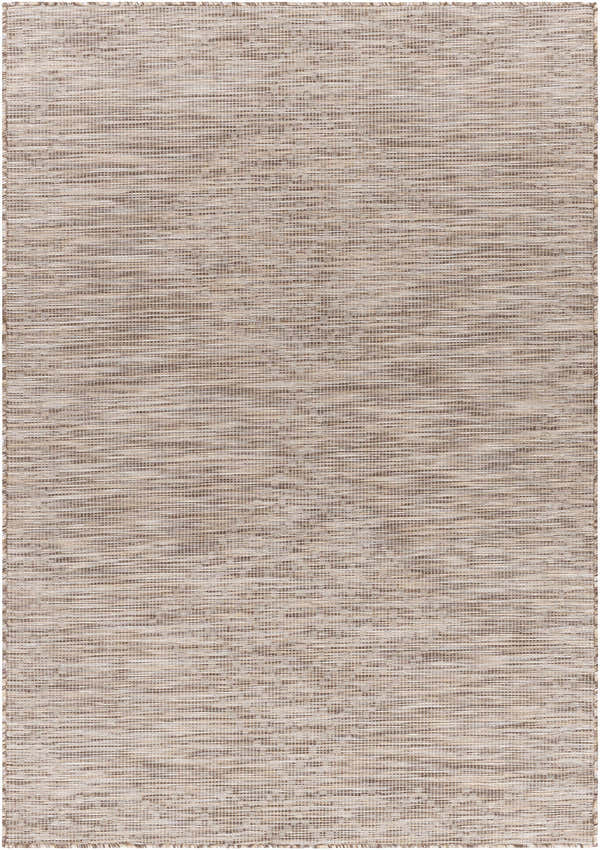 Close-up of the Woolloongabba Area Rug. Brown, light beige, and tan woven rug with a contemporary, farmhouse style. Design-Rectangle-537