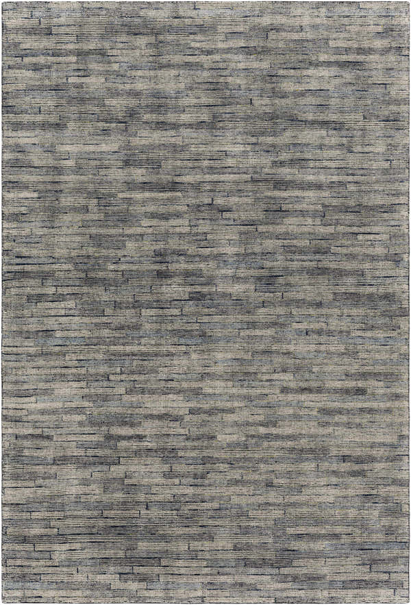 Close-up of the hand-knotted Willmar Premium Rug. Denim, ink blue, light olive, and sage create a contemporary stripe pattern. Design-Rectangle-69
