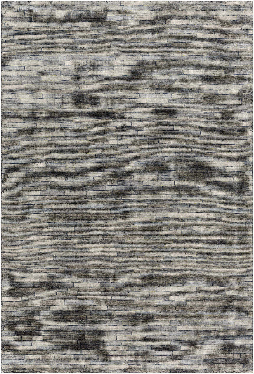 Close-up of the hand-knotted Willmar Premium Rug. Denim, ink blue, light olive, and sage create a contemporary stripe pattern. Design-Rectangle-69