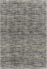 Close-up of the hand-knotted Willmar Premium Rug. Denim, ink blue, light olive, and sage create a contemporary stripe pattern. Design-Rectangle-69