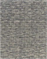Close-up of the hand-knotted Willmar Premium Rug. Denim, ink blue, light olive, and sage wool rug with a contemporary design. Design-Rectangle-810
