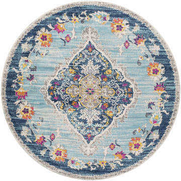 Detailed view of the round Wallsburg Blue Area Rug, featuring a floral pattern in burnt orange, fuchsia, and navy. Design-Round-67