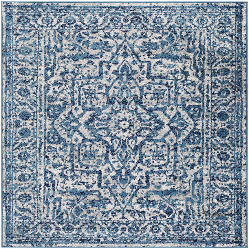 Close-up of the Wellsblue Traditional Rug, featuring a blue, light gray, and white vintage-inspired pattern. Design-Square-53