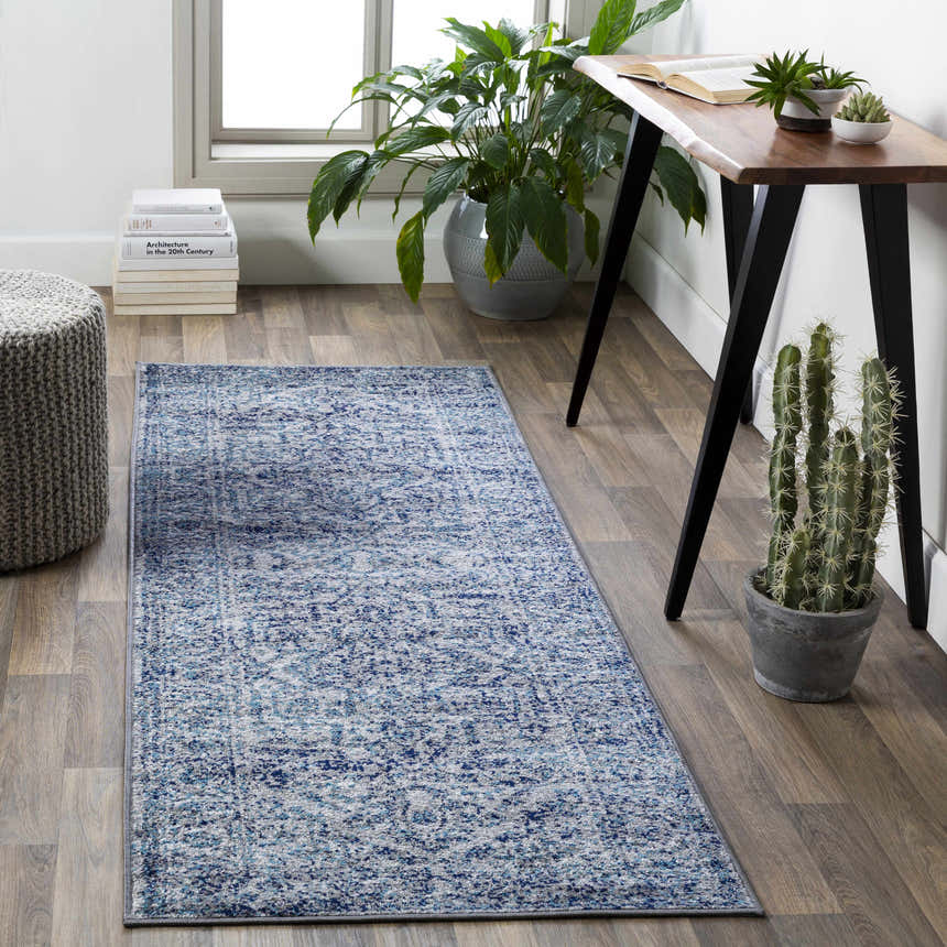 Entryway scene with a blue and gray vintage Wellsblue Traditional Rug, wood floors, and natural light. Roomscene-Runner