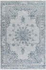 Close-up of the Wandina Traditional Luxe Rug. Cream and dark blue floral pattern on a gray, machine-woven polyester rug. Design-Rectangle-6796