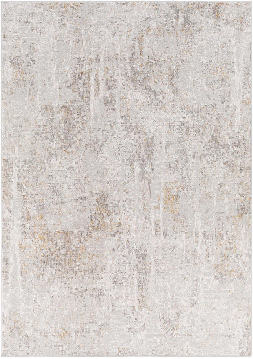 Close-up of the Windale Textured Luxe Area Rug. Features a contemporary design in shades of gray, white, and mustard. Design-Rectangle-573