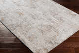 Close-up of the Windale Textured Luxe Area Rug showing its gray, off-white, and mustard abstract pattern. Corner