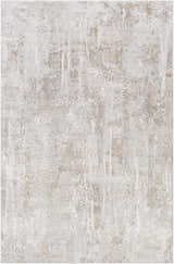 Close-up of the Windale Textured Luxe Area Rug. Abstract design in off-white, gray, and subtle gold tones. Design-Rectangle-6796