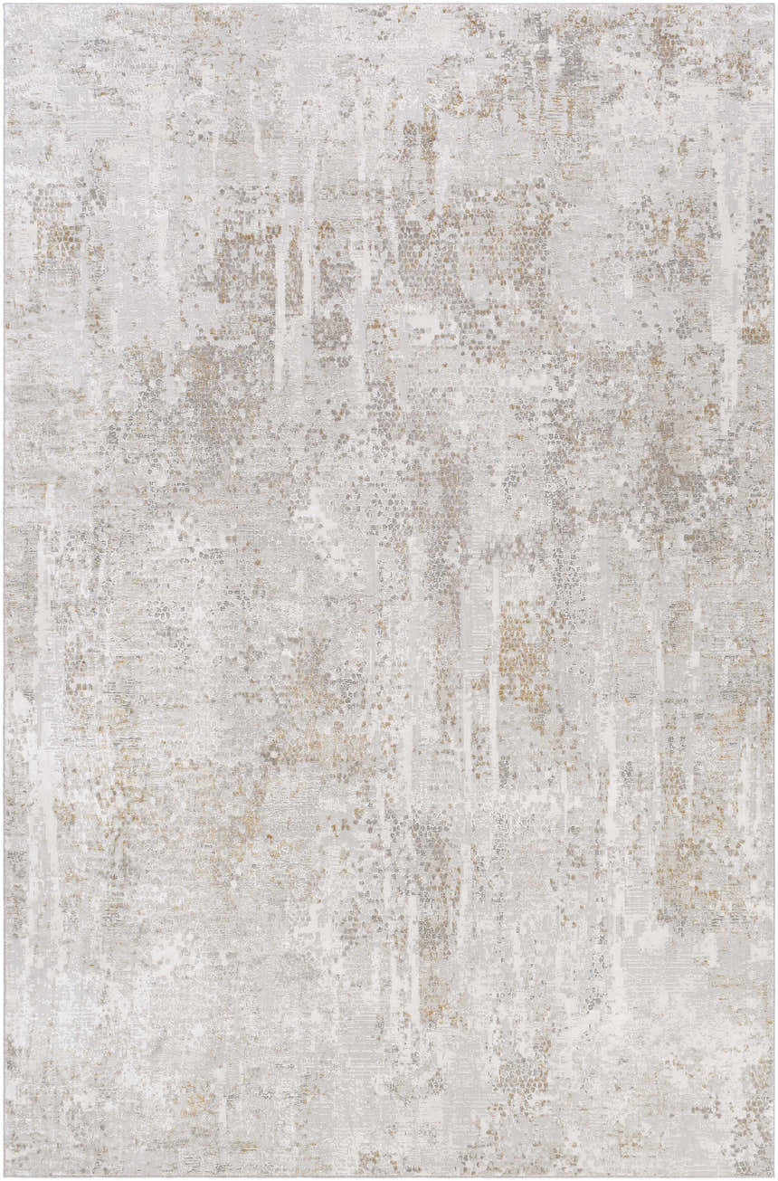 Close-up of the Windale Textured Luxe Area Rug. Abstract design in off-white, gray, and subtle gold tones. Design-Rectangle-6796
