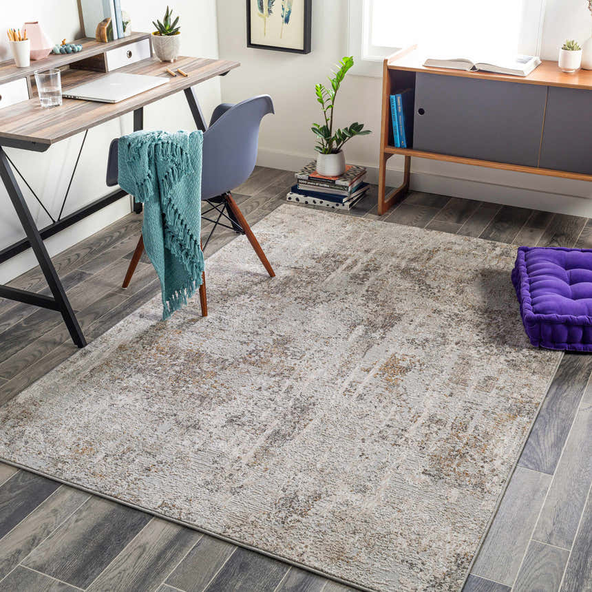 Home office with gray wood floors and Windale Textured Luxe Area Rug in brown, gray, and off-white. Roomscene-Rectangle