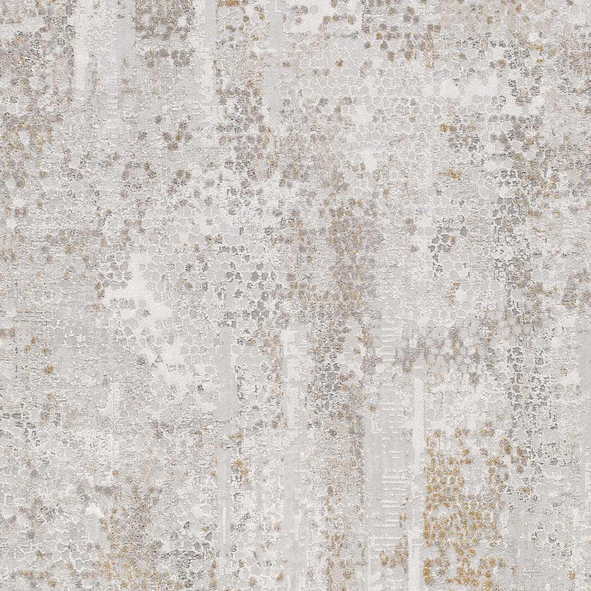 Close-up of the Windale Textured Luxe Area Rug, showcasing its gray, off-white, and mustard abstract pattern and textured weave. Swatch
