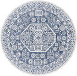 Close-up of round Windaroo Area Rug. Dark blue rug with off-white, bohemian-inspired geometric pattern. Machine woven texture. Design-Round-67