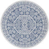 Close-up of a round Windaroo Area Rug. The rug has a blue and off-white bohemian-inspired geometric pattern. Design-Round-710