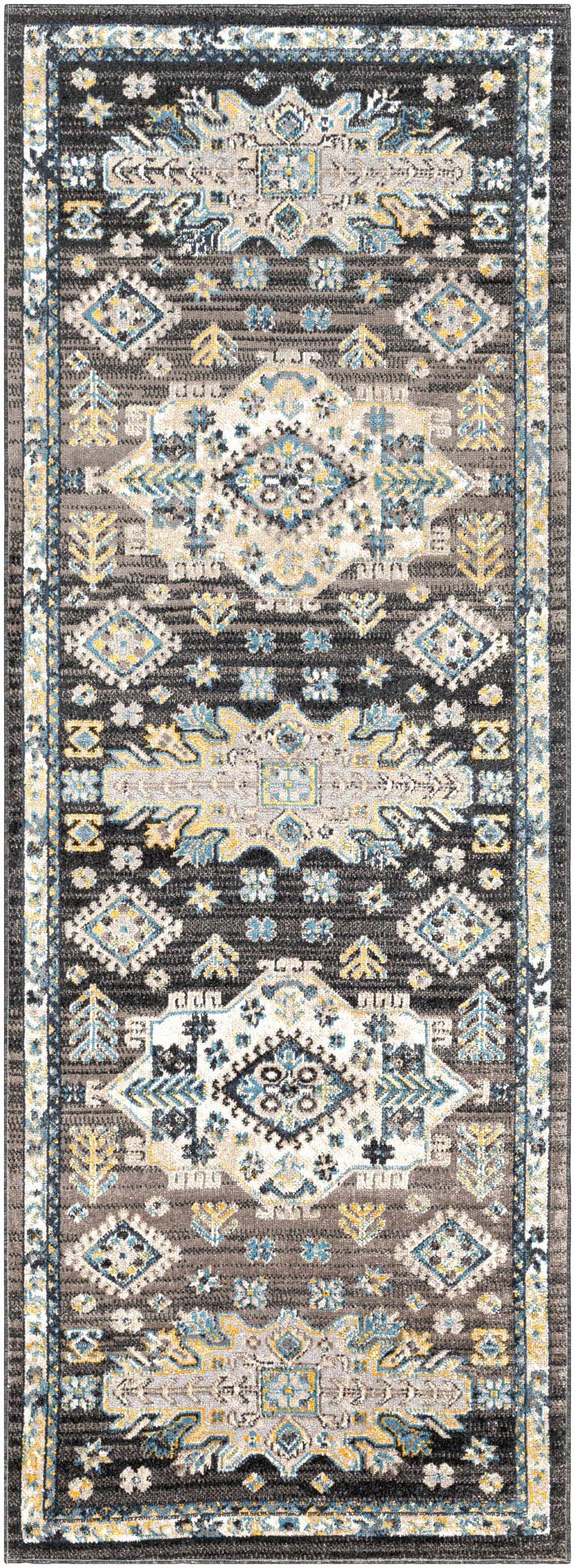 Close-up of the Cabacungan Black & Blue Washable Rug, featuring a traditional oriental pattern with black, blue, cream, and mustard tones. Design-Runner-2773