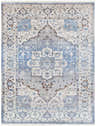Close-up of the Woodbury Area Rug. Bohemian style rug with beige, blue, and brown floral and geometric patterns. Design-Rectangle-710103