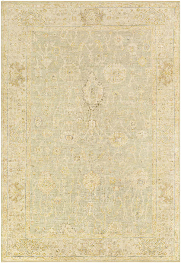 Hand-knotted Wooroloo Area Rug in beige, olive, and yellow. Traditional oriental rug with a contemporary farmhouse design. Design-Rectangle-69