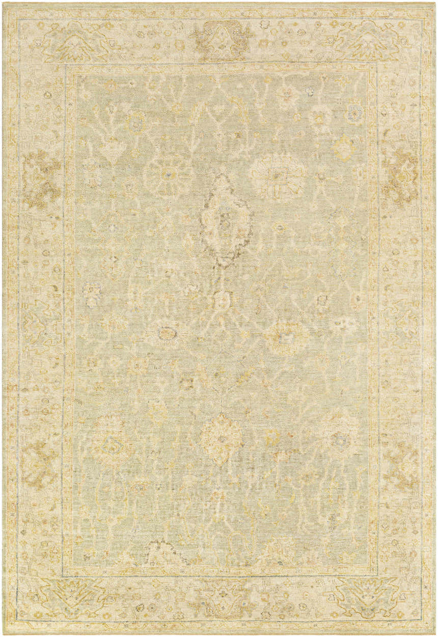 Hand-knotted Wooroloo Area Rug in beige, olive, and yellow. Traditional oriental rug with a contemporary farmhouse design. Design-Rectangle-69
