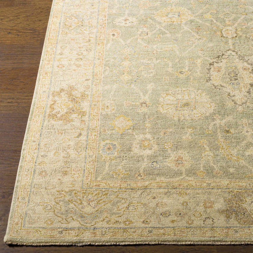 Close-up of the hand-knotted Wooroloo Area Rug. Beige, dusty pink, olive, and yellow tones in a traditional Oriental pattern. Front