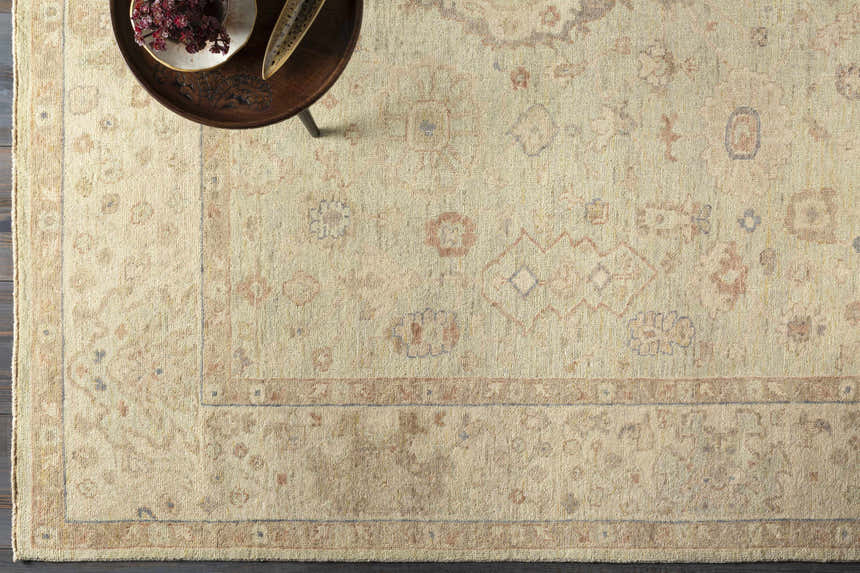 Close-up of the hand-knotted Wooroloo Area Rug. Beige, dusty pink, and gray tones with a traditional oriental pattern. Styleshot