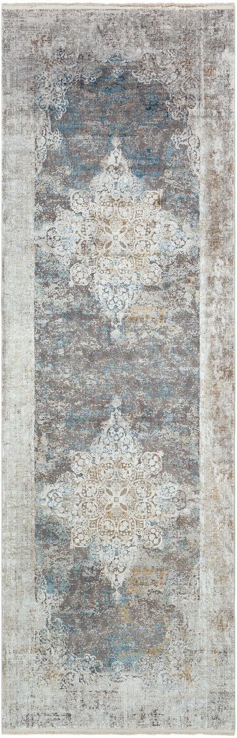 Calion Distressed Blue Luxury Fringed Faux Silk Rug