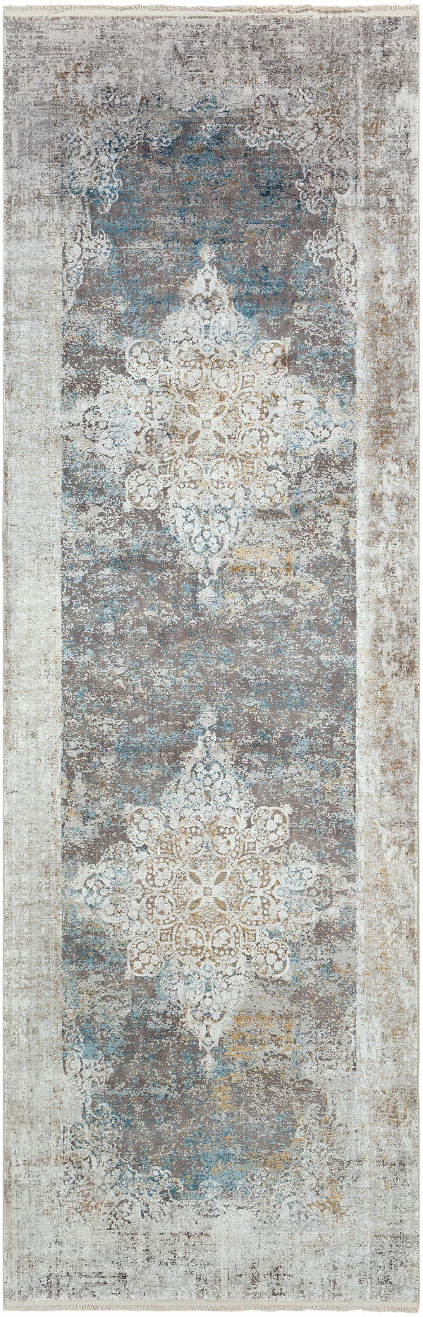 Calion Distressed Blue Luxury Fringed Faux Silk Rug