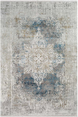 Calion Distressed Blue Luxury Fringed Faux Silk Rug