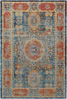 Close-up of Wrangell Blue/Red Damask Carpet. Bohemian style rug with red, blue, mustard, and gray traditional patterns. Design-Rectangle-576