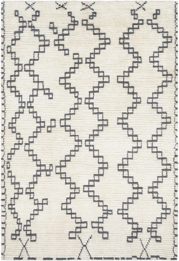 Close-up of Wardell Area Carpet Area Rug. Ivory wool rug with charcoal geometric diamond pattern. Hand woven texture. Design-Rectangle-576