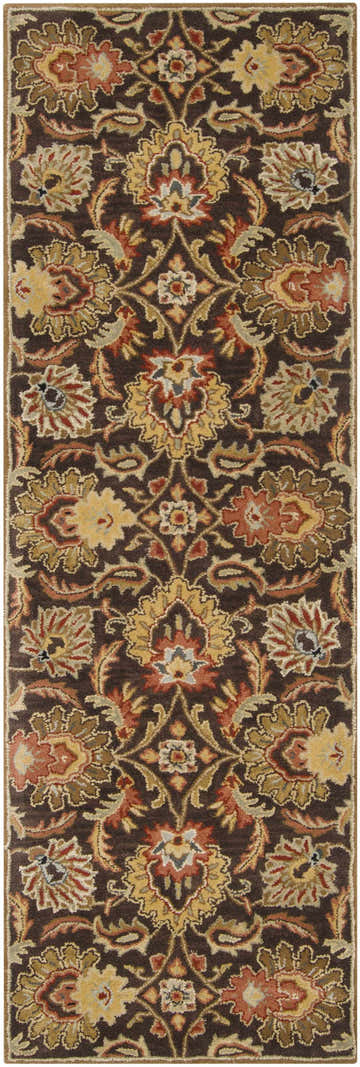 Close-up of the Chesterton 1028 hand-tufted brown wool rug. Features a traditional floral pattern in brown, gold, and rust tones. Design-Runner-268
