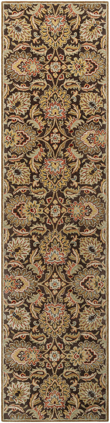 Close-up of the Chesterton 1028 brown wool rug. Features a traditional floral pattern in brown, gold, red, and sage. Hand-tufted texture. Design-Runner-312