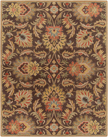 Detailed floral pattern on a Chesterton 1028 Hand Tufted Brown Wool Rug. Oriental style with red, gold, and sage accents. Design-Rectangle-7696