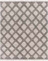Close-up of the hand woven Wausa Area Rug. Black geometric diamond pattern on cream cotton with fringe. Design-Rectangle-810