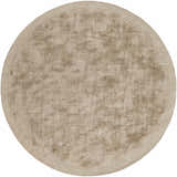 Close-up of a round, hand-loomed Westbend Area Rug. Taupe viscose rug with subtle stripes and soft texture. Design-Round-59