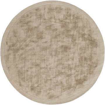Close-up of a round, hand-loomed Westbend Area Rug. Taupe viscose rug with subtle stripes and soft texture. Design-Round-59