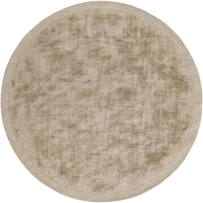Close-up of a round, hand-loomed Westbend Area Rug. Taupe viscose rug with subtle stripes and soft texture. Design-Round-59