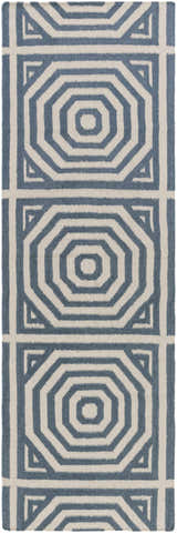 Close-up of the hand woven Westbrook Area Rug. Contemporary geometric design in dark blue and light gray wool. Design-Runner-268
