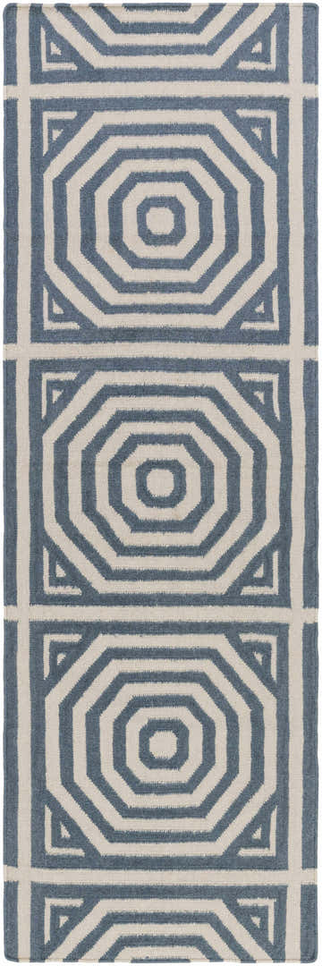Close-up of the hand woven Westbrook Area Rug. Contemporary geometric design in dark blue and light gray wool. Design-Runner-268