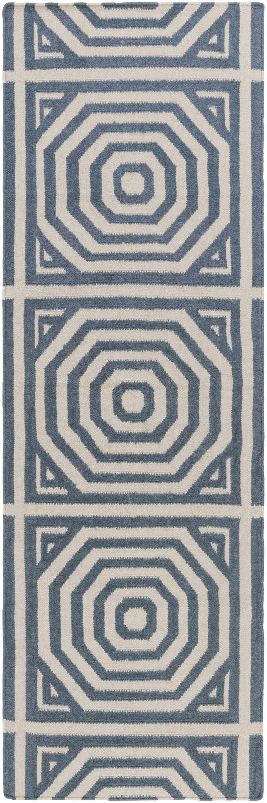 Close-up of the hand woven Westbrook Area Rug. Contemporary geometric design in dark blue and light gray wool. Design-Runner-268