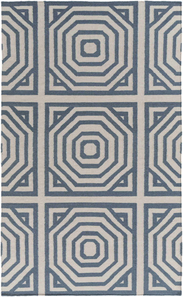Close-up of the Westbrook Area Rug. Hand-woven wool rug with a geometric pattern in dark blue and light gray. Design-Rectangle-576