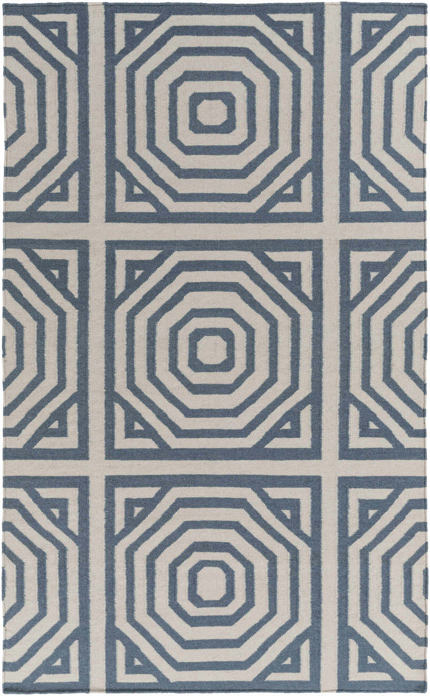 Close-up of the Westbrook Area Rug. Hand-woven wool rug with a geometric pattern in dark blue and light gray. Design-Rectangle-576