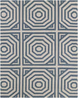 Close-up of the Westbrook Area Rug. Hand-woven wool rug with a contemporary geometric pattern in dark blue and light gray. Design-Rectangle-810