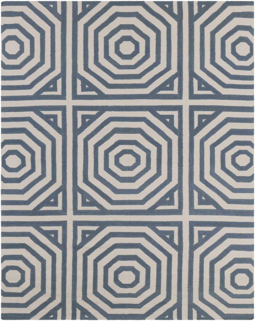 Close-up of the Westbrook Area Rug. Hand-woven wool rug with a contemporary geometric pattern in dark blue and light gray. Design-Rectangle-810