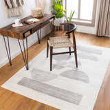 Home office scene with Westcourt Area Rug in dark gray and white geometric pattern. Roomscene-Rectangle